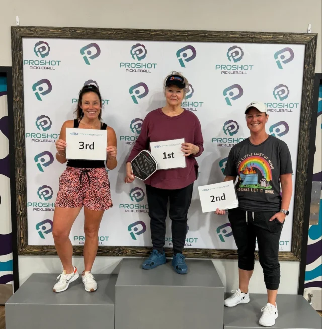 April Ladies League Champs! A huge shoutout to our Intermediate/High Intermediate winners who crushed it on the courts:

1st Place: Joanna Goodford
2nd Place: Tara Wallace
3rd Place: Carolyn Kollman

Way to bring the heat, ladies! The Proshot community is proud of your hustle and heart.